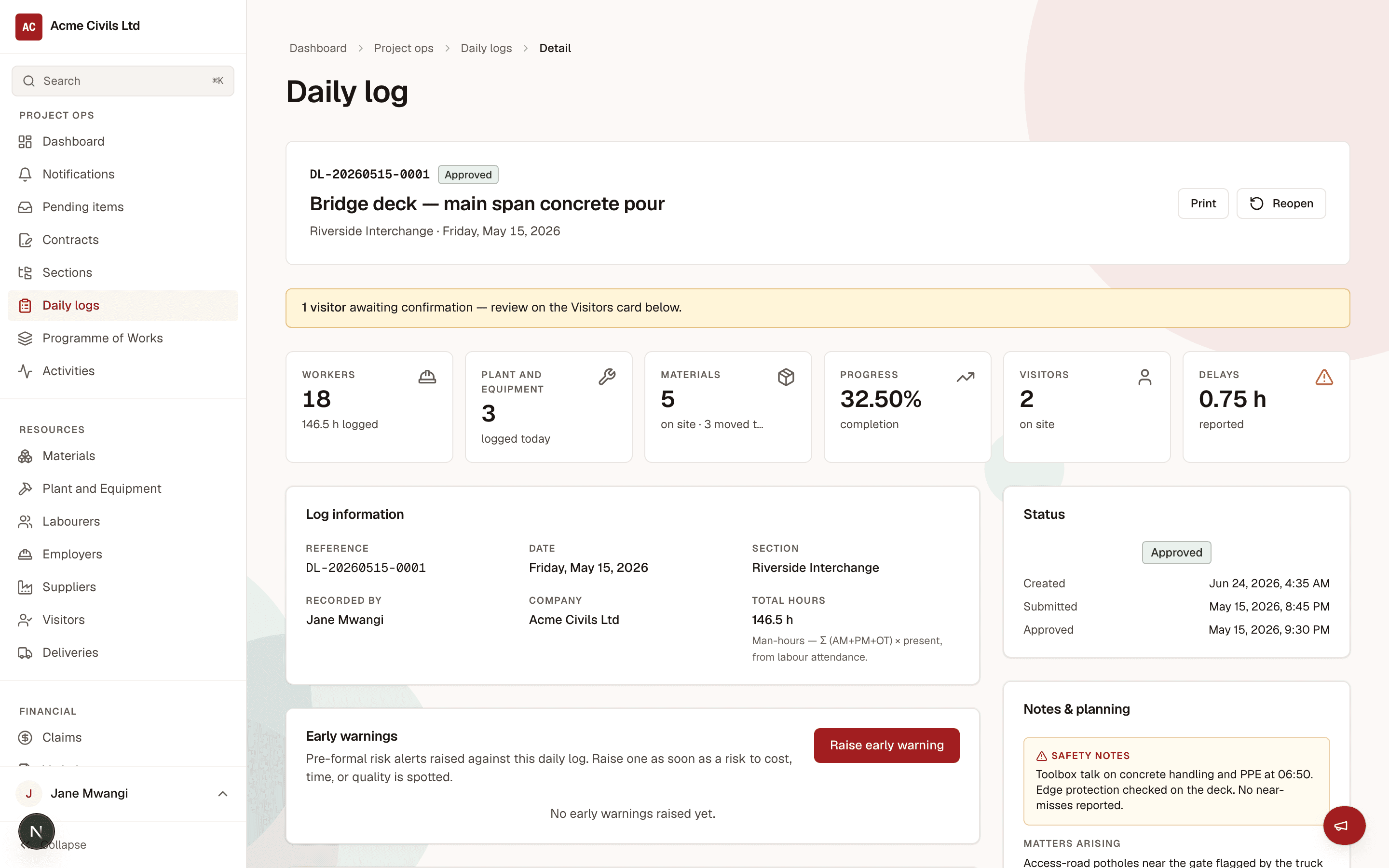 The PRIV daily-log detail screen — one day's workforce, plant, materials, progress and delays held as a single contract-grade record